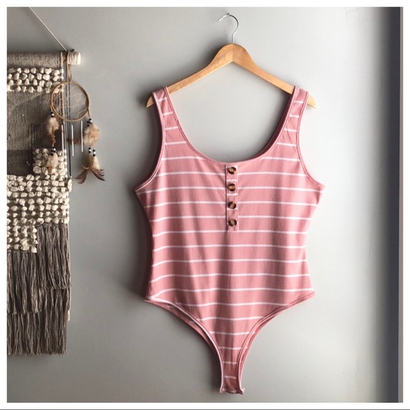 SHEIN Tops - Shein Curve 2XL Pink Striped Bodysuit Tortoise She’ll Buttons Plus Size